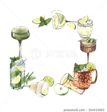 Watercolor frame, cocktail glasses: martini, gin,margarita,mojito,liquor,rum,moscow mule. Hand-drawn illustration isolated on white background. Perfect for recipe lists with alcoholic drinks, for cafe Watercolor frame, cocktail glasses: martini, gin,margarita,mojito,liquor,rum,moscow mule. Hand-drawn illustration isolated on white background. Perfect for recipe lists with alcoholic drinks, for cafe 104410983