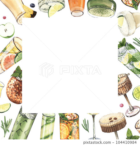 Watercolor frame, cocktail glasses: martini, gin,margarita,mojito,liquor,rum,moscow mule. Hand-drawn illustration isolated on white background. Perfect for recipe lists with alcoholic drinks, for cafe 104410984
