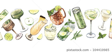 Watercolor frame, cocktail glasses: martini, gin,margarita,mojito,liquor,rum,moscow mule. Hand-drawn illustration isolated on white background. Perfect for recipe lists with alcoholic drinks, for cafe 104410985
