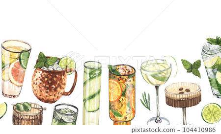Watercolor frame, cocktail glasses: martini, gin,margarita,mojito,liquor,rum,moscow mule. Hand-drawn illustration isolated on white background. Perfect for recipe lists with alcoholic drinks, for cafe 104410986
