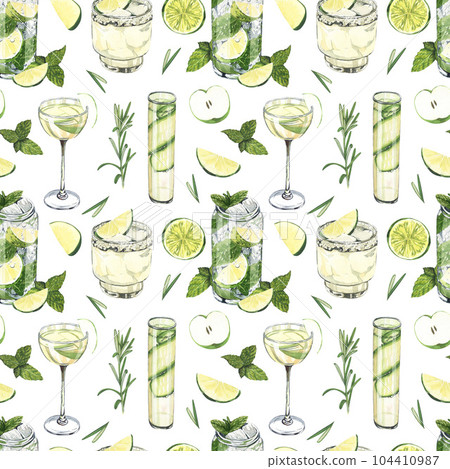 Watercolor seamless pattern, cocktail glasses:mojito,tequila, lime,matcha,cucumber. Hand-drawn illustration isolated on white background. Perfect for recipe lists with alcoholic drinks, for cafe 104410987