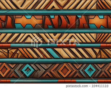 South American ethnic art, geometric seamless indigenous pattern, native ornament design infinite tile. Perfectly fits for fabric prints, surface textures, cloth design, wrapping. Generative AI 104411110