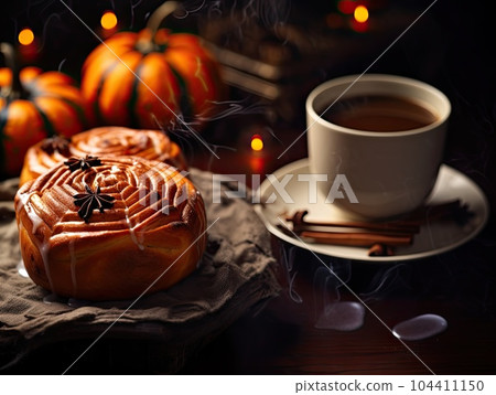 Freshly baked halloween cinnamon rolls with chocolate spider and spider web ornament with cup of coffee and orange halloween pumpkins in the background. Generative AI 104411150