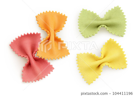 colorful farfalle pasta isolated on white background with full depth of field. Top view. Flat lay. 104411196