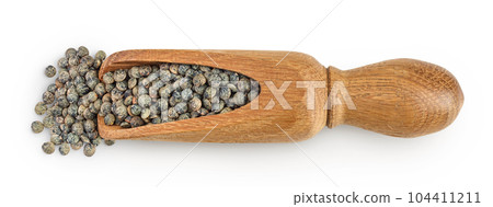 raw french green lentils in wooden scoop isolated on white background. Top view. Flat lay 104411211