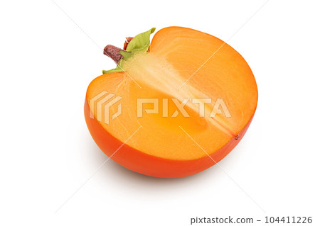 Persimmon fruit half isolated on white background with full depth of field 104411226