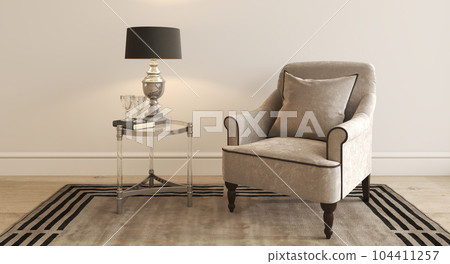 Home interior design livingroom with armchair, table and decor with lamp. Horizontal panoramic background. 3d rendering illustration modern classic style Home interior design livingroom with armchair, table and decor with lamp. Horizontal panoramic background. 3d rendering illustration modern classic style 104411257