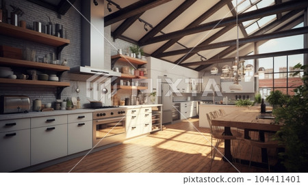 Spacious loft style kitchen with dining area. White facades, open shelves, large wooden table, modern kitchen appliances, wooden floor, wooden ceiling with beams, green plants, panoramic windows. 104411401