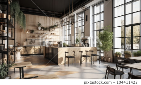 Interior of a modern loft style coffee shop. Concrete walls with open shelves, wooden bar counter and tables, pendant lamps, green plants, large panoramic windows. Modern hipster lifestyle concept. Interior of a modern loft style coffee shop. Concrete walls with open shelves, wooden bar counter and tables, pendant lamps, green plants, large panoramic windows. Modern hipster lifestyle concept. 104411422