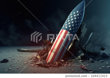 A fallen rocket, painted in the American flag colors, on a shattered ground surface. The collapse of American aggressive politics and economics, the destruction of the financial system. 3D rendering. A fallen rocket, painted in the American flag colors, on a shattered ground surface. The collapse of American aggressive politics and economics, the destruction of the financial system. 3D rendering. 104411423