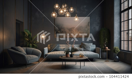 Interior of vintage cozy living room. Stylish sofa and armchair, coffee table, plants in floor pots, carpet, trendy pendant lamps, painting on the wall, modern home decor. Mockup, 3D rendering. Interior of vintage cozy living room. Stylish sofa and armchair, coffee table, plants in floor pots, carpet, trendy pendant lamps, painting on the wall, modern home decor. Mockup, 3D rendering. 104411424