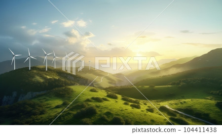 Wind turbines on the green hills against the colorful sunset sky. Production of renewable green energy. Sustainable development concept. Mockup, 3D rendering. 104411438