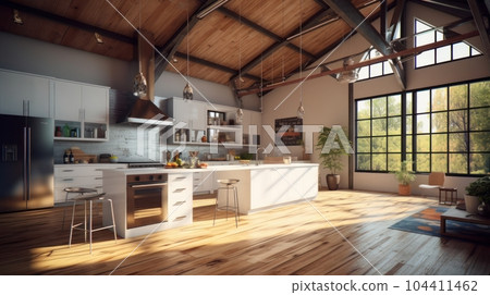 Spacious loft style kitchen with dining area. White facades, open shelves, large kitchen island, modern kitchen appliances, wooden floor, wooden ceiling with beams, green plants, panoramic windows. 104411462