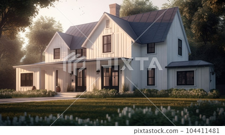 Classic American suburban modern farmhouse. Two story, white siding walls, dark shingle roof, spacious porch, neatly trimmed lawn, soft morning lighting. Mockup, 3D rendering. Classic American suburban modern farmhouse. Two story, white siding walls, dark shingle roof, spacious porch, neatly trimmed lawn, soft morning lighting. Mockup, 3D rendering. 104411481