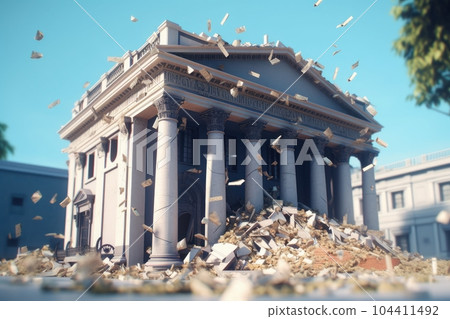 Bank building collapsing in a modern city. Bankruptcy of financial institution. The bricks of the economic foundation are crumbling, stocks and bonds are flying around. Economic crisis. 3D rendering. Bank building collapsing in a modern city. Bankruptcy of financial institution. The bricks of the economic foundation are crumbling, stocks and bonds are flying around. Economic crisis. 3D rendering. 104411492