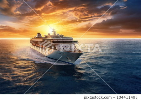 Aerial view of luxury white cruise ship in tropical sea. Beautiful sky, bright sunset over the horizon. The concept of summer cruise vacation and travel. 3D rendering. 104411493