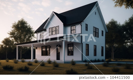 Classic American suburban modern farmhouse. Two story, white siding walls, dark shingle roof, spacious porch, neatly trimmed lawn, soft morning lighting. Mockup, 3D rendering. Classic American suburban modern farmhouse. Two story, white siding walls, dark shingle roof, spacious porch, neatly trimmed lawn, soft morning lighting. Mockup, 3D rendering. 104411500