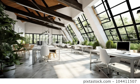 Loft style open space eco-office in a modern urban building. Ceiling with beams, large tables with chairs, desktop computers, plants in floor pots, panoramic windows with nature view. 3D rendering. 104411507