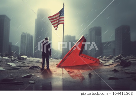 Dystopian illustration of consequences of a world nuclear war, a destroyed city under a waving American flag, radioactive rain. Survivor on the background of the destroyed planet. 3D illustration. 104411508