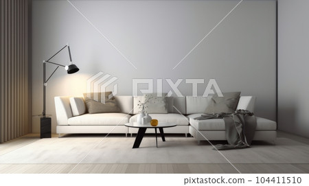 Front view of a modern minimalist living room. Empty white walls, large comfortable corner sofa with pillows and plaid, coffee table, trendy floor lamp, carpet, home decor. Mockup, 3D rendering. 104411510