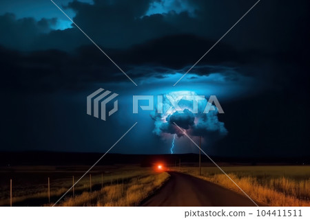 View of a stormy night sky over a road running through a field. Severe thunderstorm, cumulonimbus clouds and lightning. Colorful dramatic landscape. Dark blue sky with amazing clouds over the horizon. View of a stormy night sky over a road running through a field. Severe thunderstorm, cumulonimbus clouds and lightning. Colorful dramatic landscape. Dark blue sky with amazing clouds over the horizon. 104411511