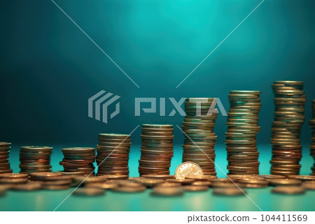 Stacks of coins of different heights depict a financial chart. Bank and finance. Investment, profit or gain. Selling money or treasury. Blue background with reflection. Copy space. Stacks of coins of different heights depict a financial chart. Bank and finance. Investment, profit or gain. Selling money or treasury. Blue background with reflection. Copy space. 104411569