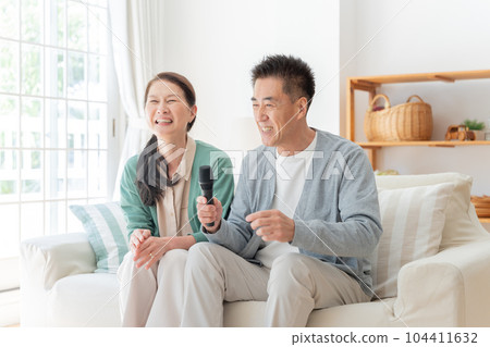 Elderly couple doing karaoke at home 104411632