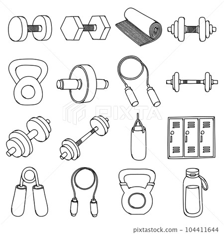 Workout Related Doodle vector icon set. Drawing sketch illustration hand drawn line eps10 104411644