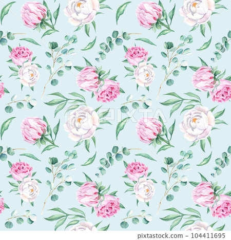 Seamless watercolor pattern with white and pink peonies, eucalyptus branches on blue background. Can be used for wedding prints, gift wrapping paper, kitchen textile and fabric prints. Seamless watercolor pattern with white and pink peonies, eucalyptus branches on blue background. Can be used for wedding prints, gift wrapping paper, kitchen textile and fabric prints. 104411695