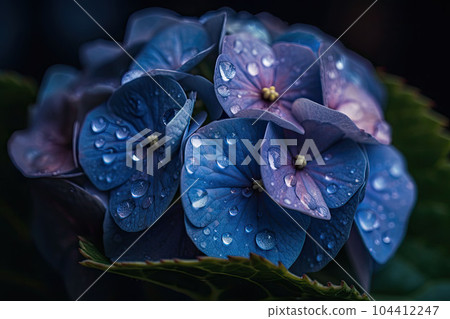 Close up of a beautiful hydrangea bush with dew drops. Generative AI Close up of a beautiful hydrangea bush with dew drops. Generative AI 104412247