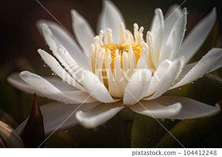 A waterlily or lotus flower with drops on its petals float in the pond. Generative AI A waterlily or lotus flower with drops on its petals float in the pond. Generative AI 104412248