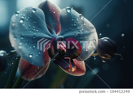 An orchid in full bloom with water drops on petals. A striking macro shot of a orchid. Generative AI An orchid in full bloom with water drops on petals. A striking macro shot of a orchid. Generative AI 104412249