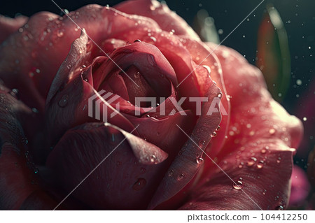 Rose in full bloom with water drops on petals. A striking macro shot. Generative AI Rose in full bloom with water drops on petals. A striking macro shot. Generative AI 104412250