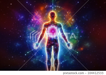 Silhouette of man with chakras and light of astral space energy 104412533
