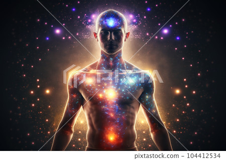 Silhouette of athlete with chakras and light of astral space energy 104412534