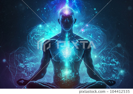Man sits in lotus pose and meditation with astral space energy 104412535