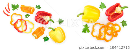 red yellow orange sweet bell pepper isolated on white background. Top view. Flat lay red yellow orange sweet bell pepper isolated on white background. Top view. Flat lay 104412715