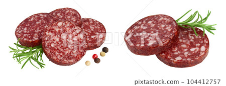 Smoked sausage salami slices isolated on white background with full depth of field Smoked sausage salami slices isolated on white background with full depth of field 104412757
