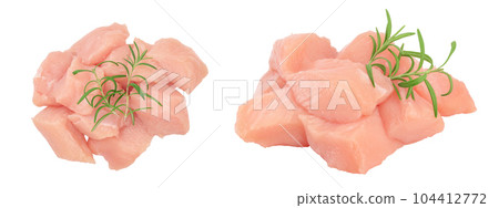 Fresh diced chicken fillet with rosemary isolated on white background with  full depth of field. Top view. Flat lay 104412772