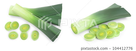 Leek vegetable closeup isolated on white background. Top view. Flat lay 104412776
