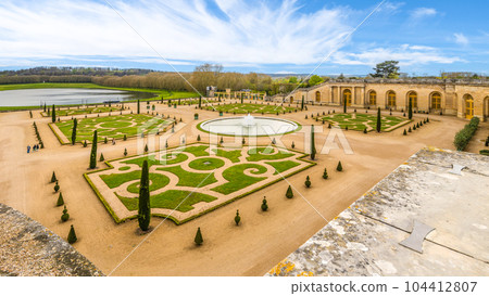 Orangery Garden at the crossroads of several groves in the Gardens of Versailles, Chateau Versailles near Paris, France. Orangery Garden at the crossroads of several groves in the Gardens of Versailles, Chateau Versailles near Paris, France. 104412807