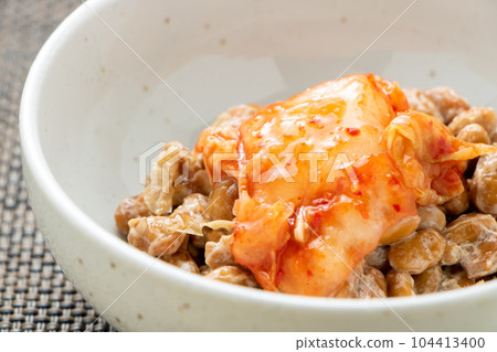 Kimchi natto. Natto arrangement, Chinese cabbage kimchi topping. 104413400
