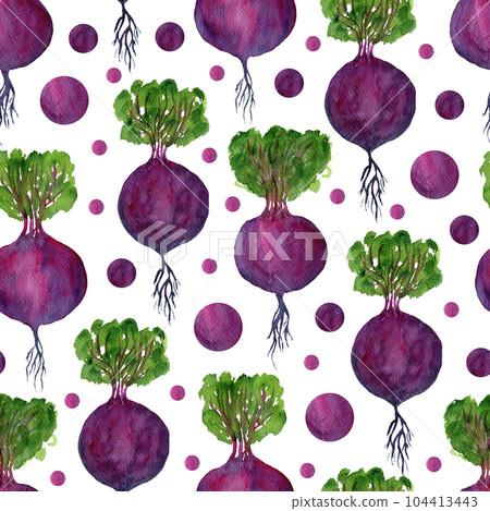 Cute hand drawn watercolor seamless pattern with fresh purple beet with green leaves. Bright painting illustration of tasty vegetables for kitchen textile design, wrapping paper, package Cute hand drawn watercolor seamless pattern with fresh purple beet with green leaves. Bright painting illustration of tasty vegetables for kitchen textile design, wrapping paper, package 104413443