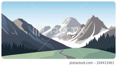 Flat graphic vector illustration of abstract mountain landscape with road through green foothills to snowcapped mount peaks Flat graphic vector illustration of abstract mountain landscape with road through green foothills to snowcapped mount peaks 104413461