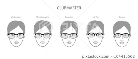 Set of Browline frame glasses on women face character fashion accessory illustration. Sunglass front view unisex  104413508