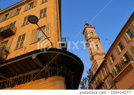 Evening in Nice, France. Low angle view of architecture details Evening in Nice, France. Low angle view of architecture details 104414277