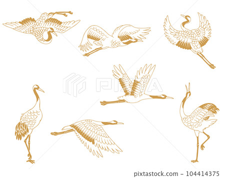 Japanese crane (red-crowned crane) hand-drawn illustration set_single color Japanese crane (red-crowned crane) hand-drawn illustration set_single color 104414375