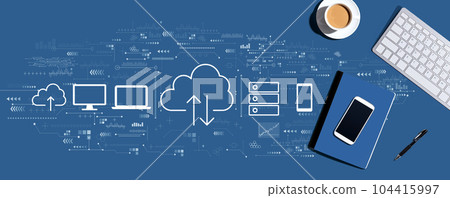Cloud computing with computer keyboard and office items 104415997