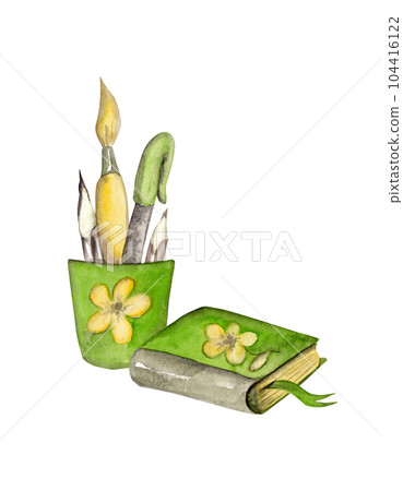 Stationery set: book, pen, brush and pencils. Back to school. Watercolor illustration Stationery set: book, pen, brush and pencils. Back to school. Watercolor illustration 104416122