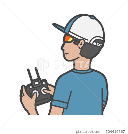 A worker / pilot who wears sunglasses, holds a propo and steers a drone 104416367